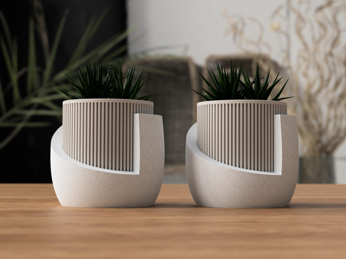 Japandi Ribbed Planter with Drainage Tray